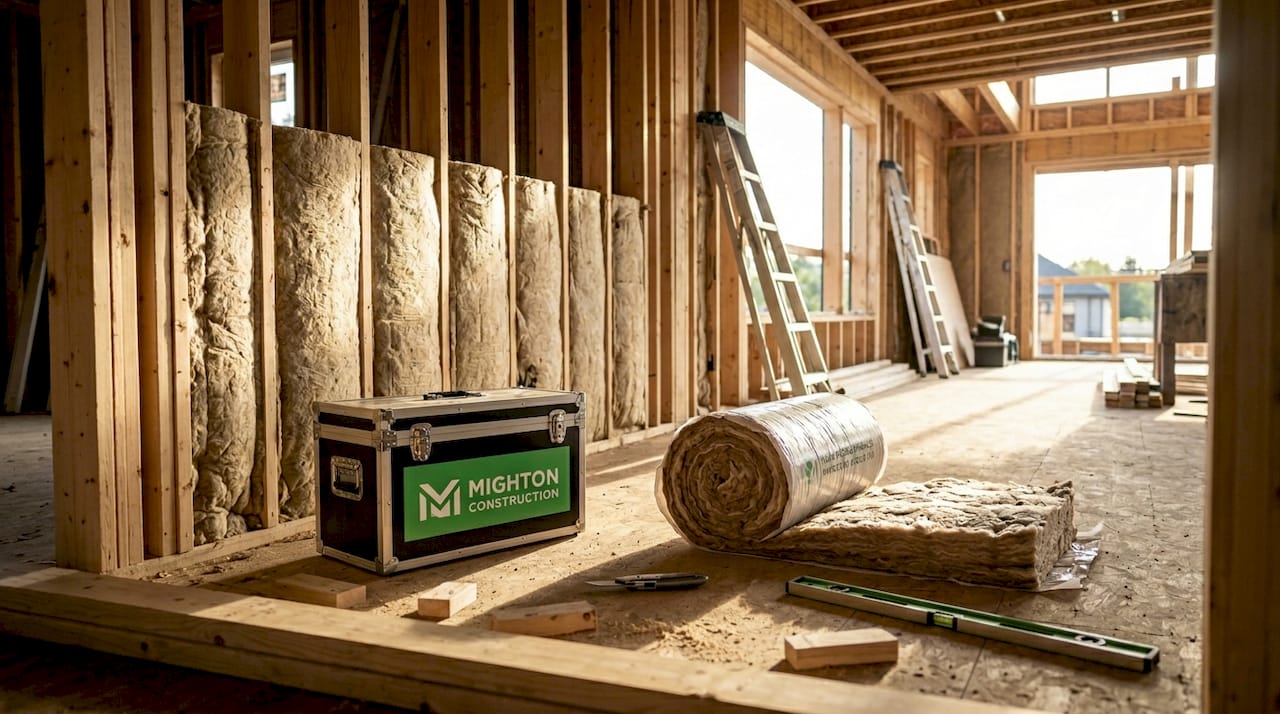 Worker installs insulation in luxury home