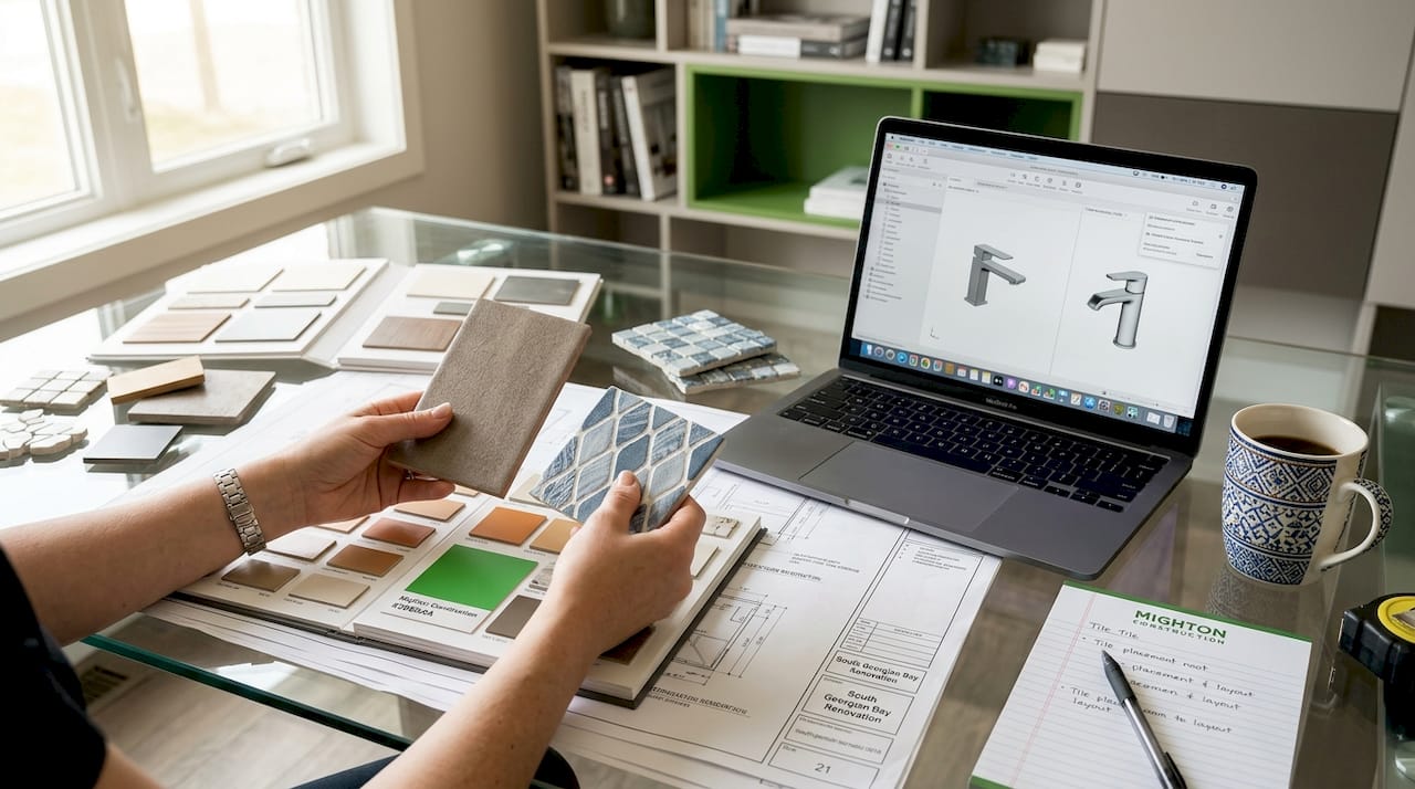 Designer selecting bathroom tile samples at home