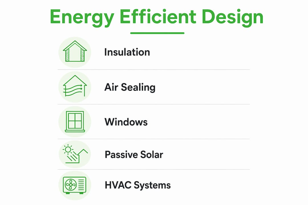Infographic showing 5 steps of energy efficient home design