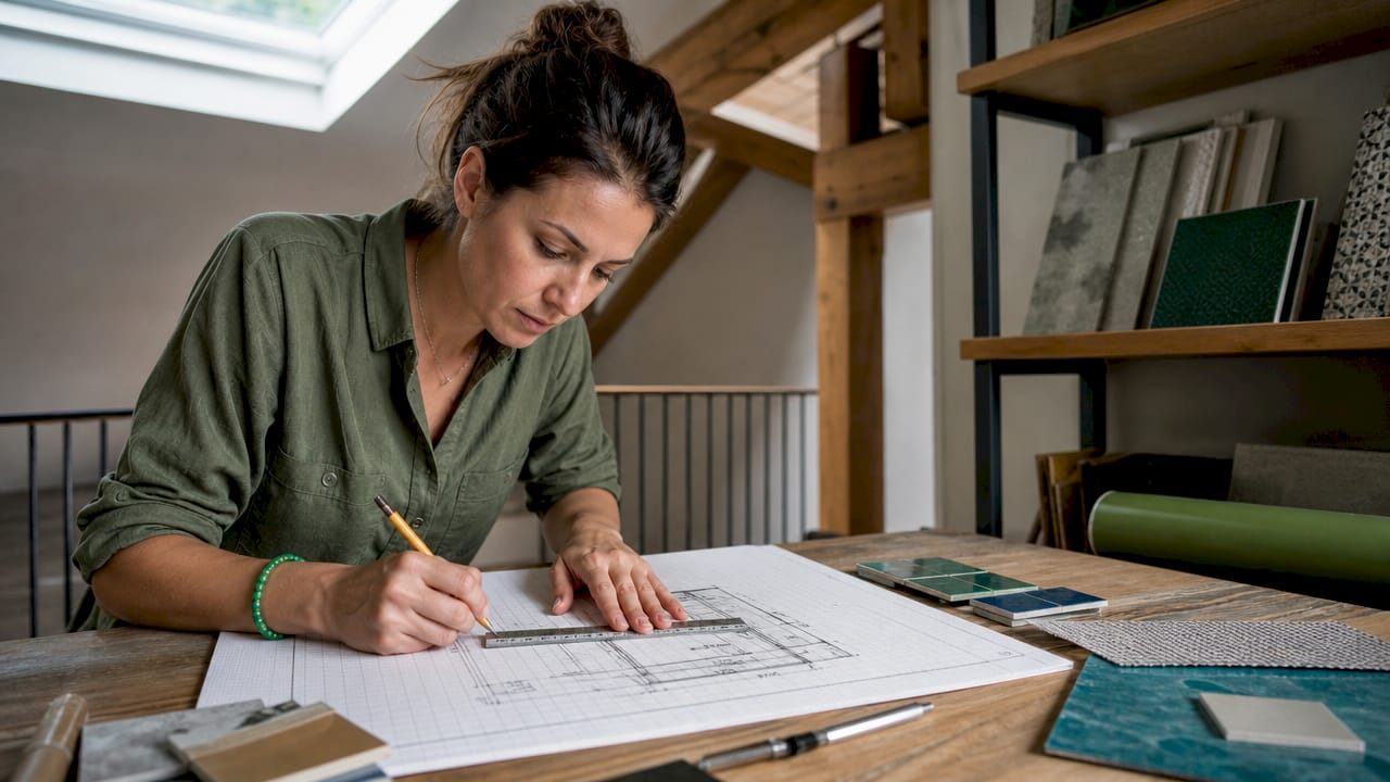 Designer planning custom shower layout at desk