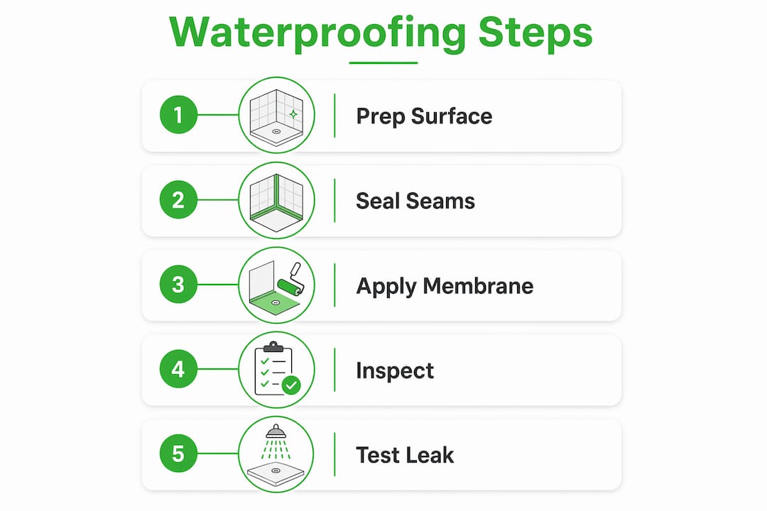 Infographic of waterproofing steps for custom showers
