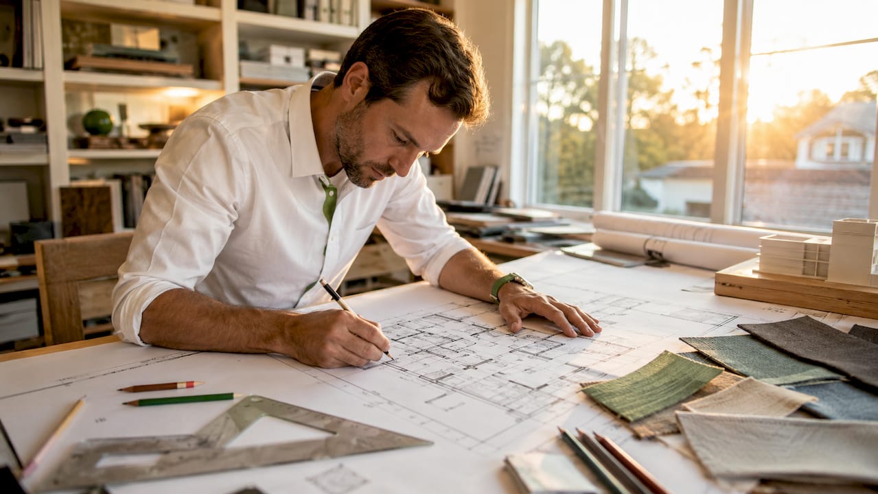 Architect sketching custom home floor plan