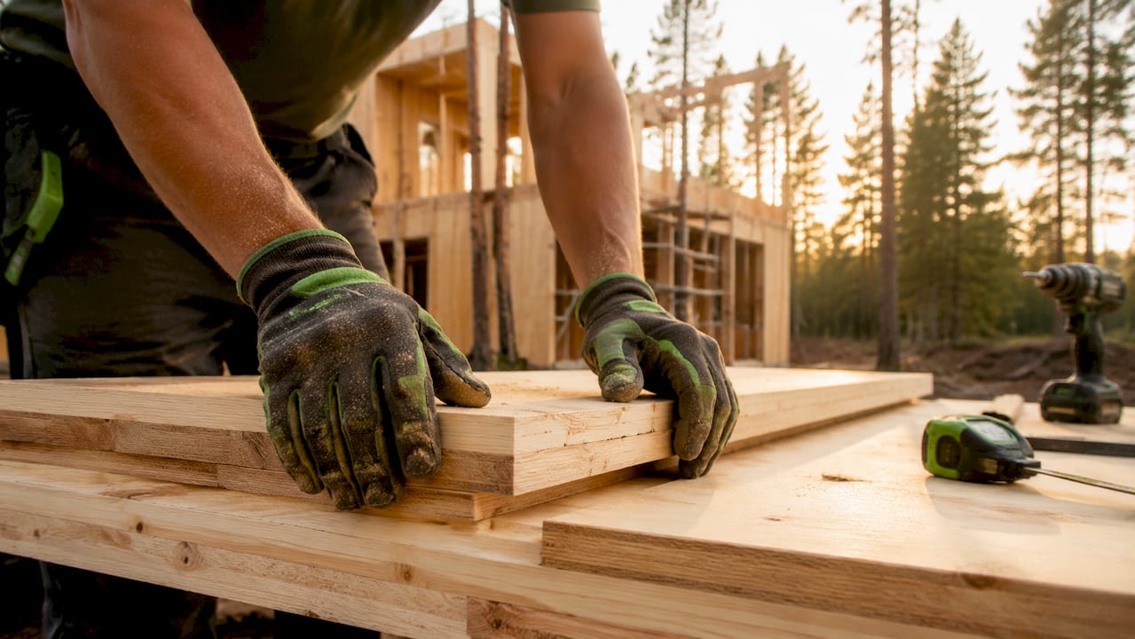 Carpenter assembling mass timber panels outdoors