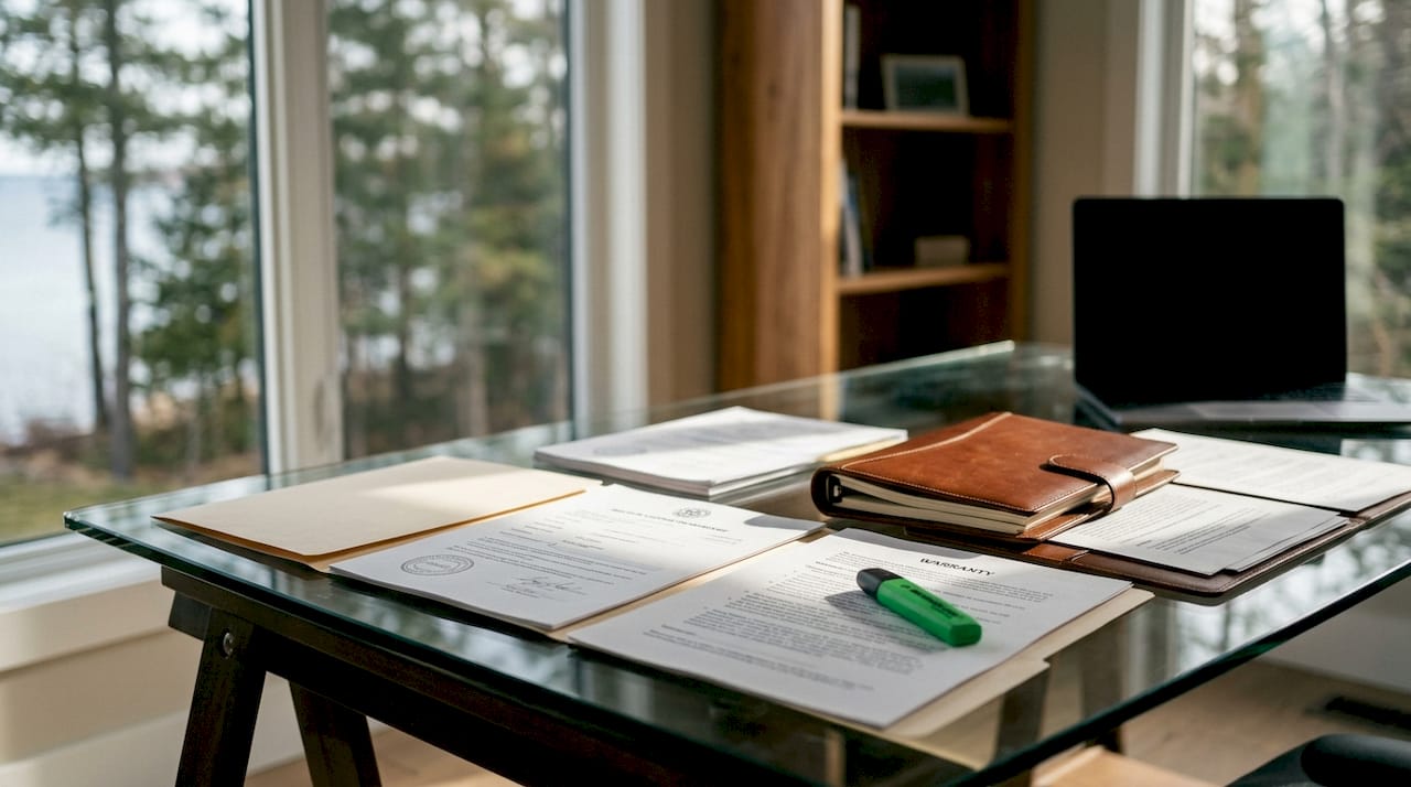Builder license documents on wooden table