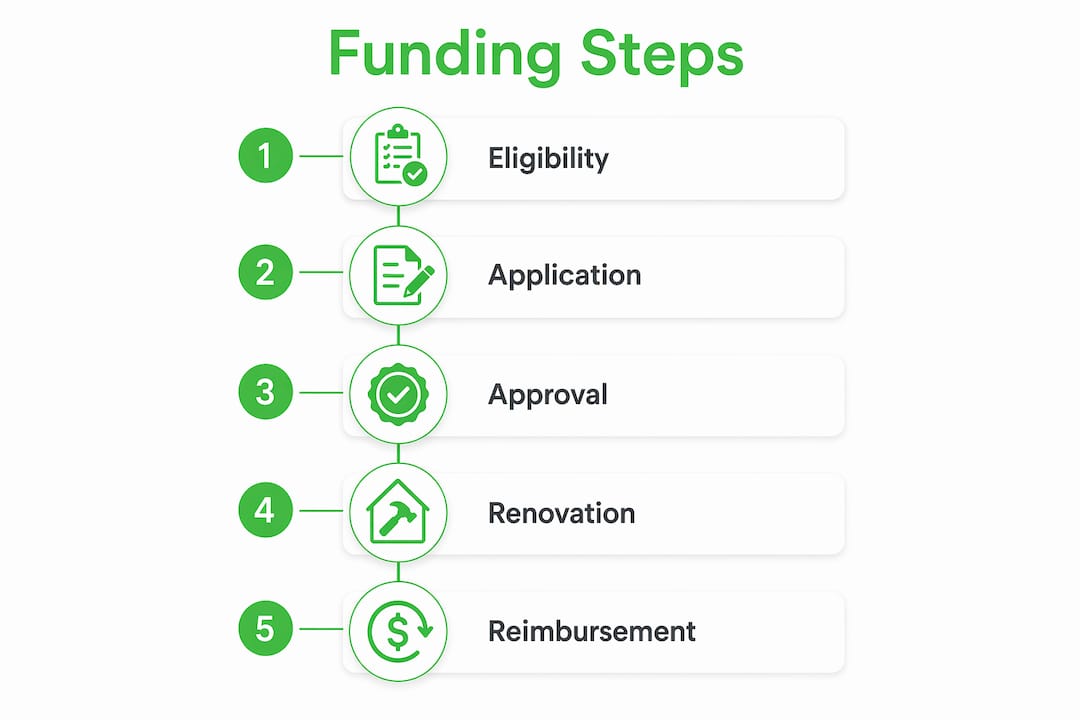 Infographic showing vertical flow of bathroom remodel funding steps