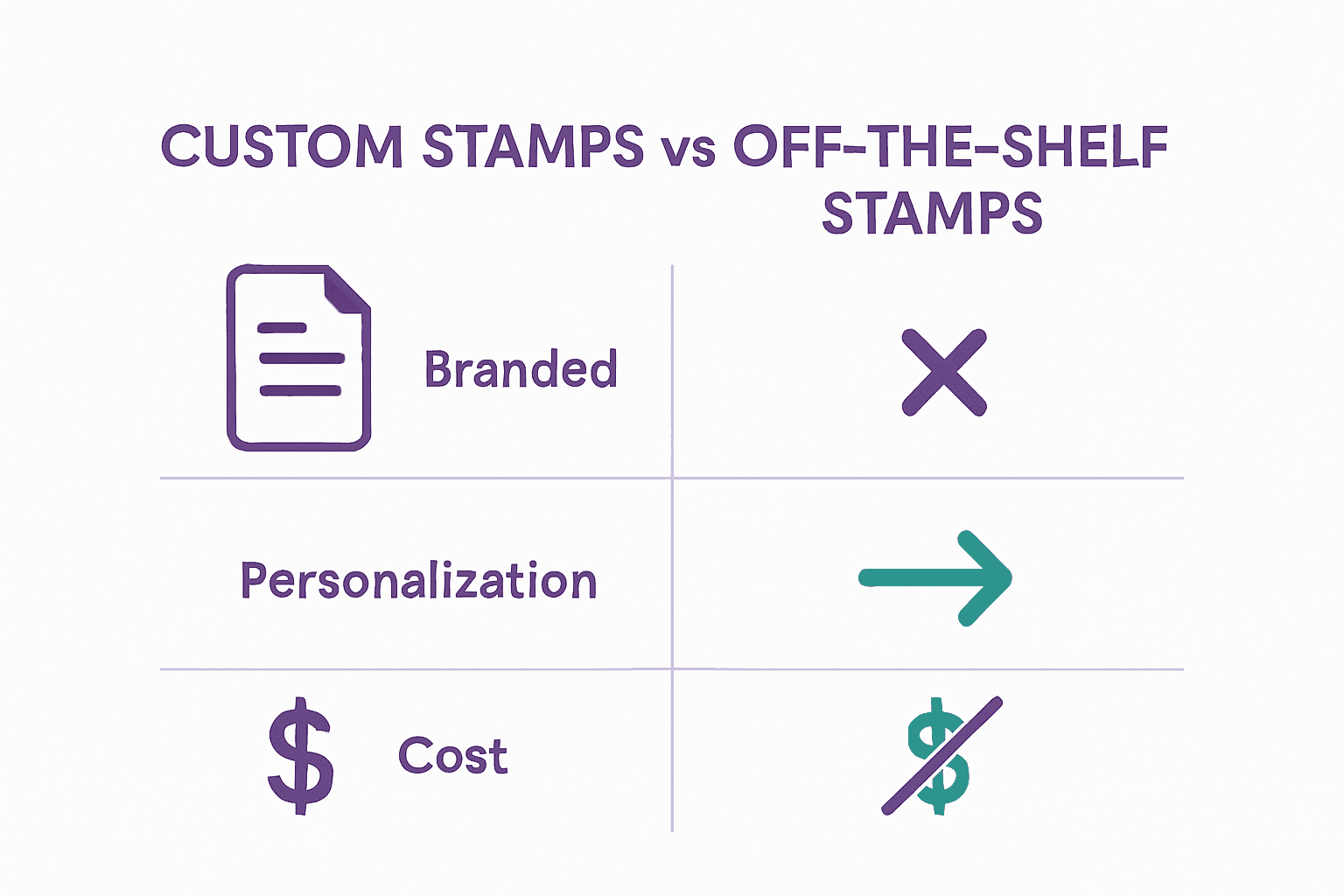 Infographic comparing custom and off-the-shelf stamps by personalization, branding, and cost.