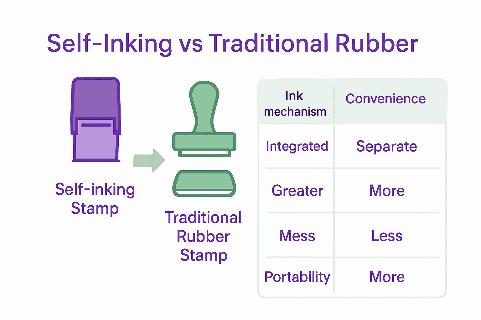 Infographic comparing self-inking stamps and traditional rubber stamps across four features.