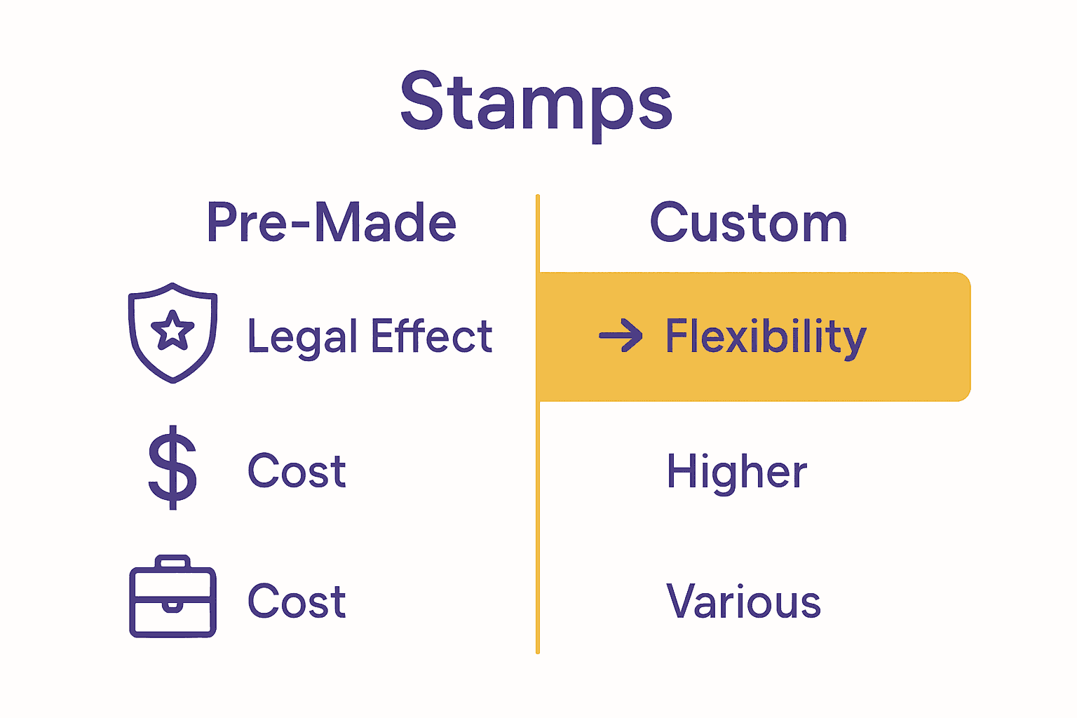 Infographic comparing custom and pre-made stamps—icons for branding, cost, and usage.