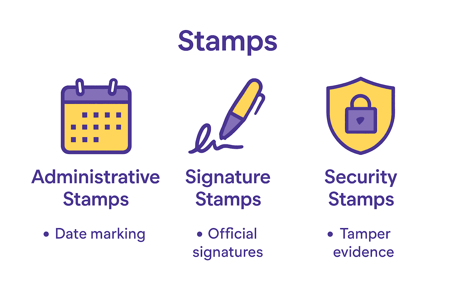 Infographic comparing main types of organizational stamps: Administrative, Signature, Security