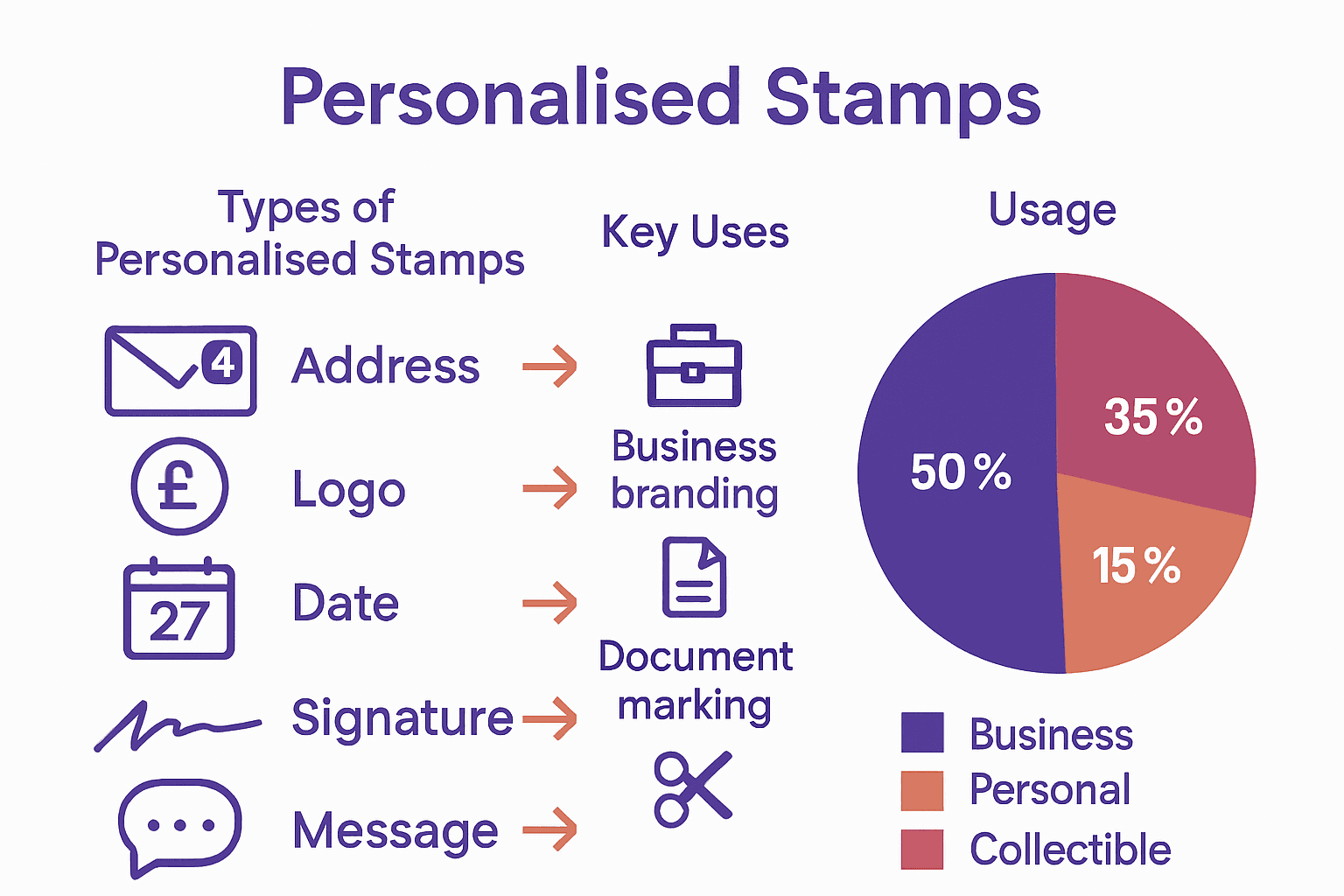 Infographic comparing types and uses of personalized stamps in the UK