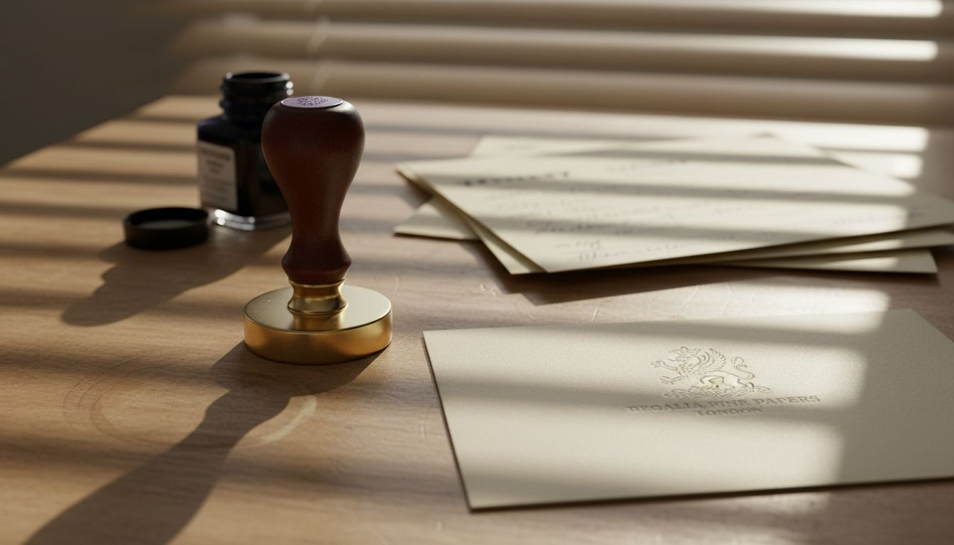 Closeup pre-inked logo stamp and envelope