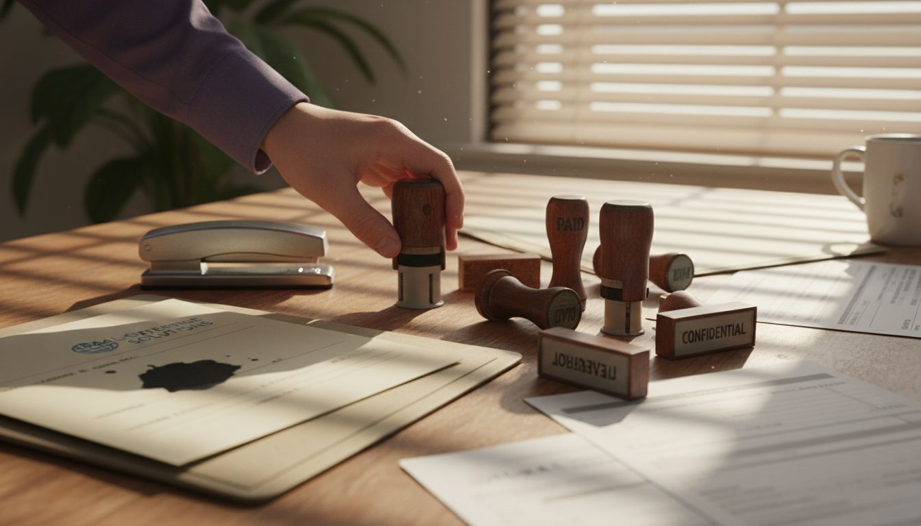 Assorted business stamps on office table
