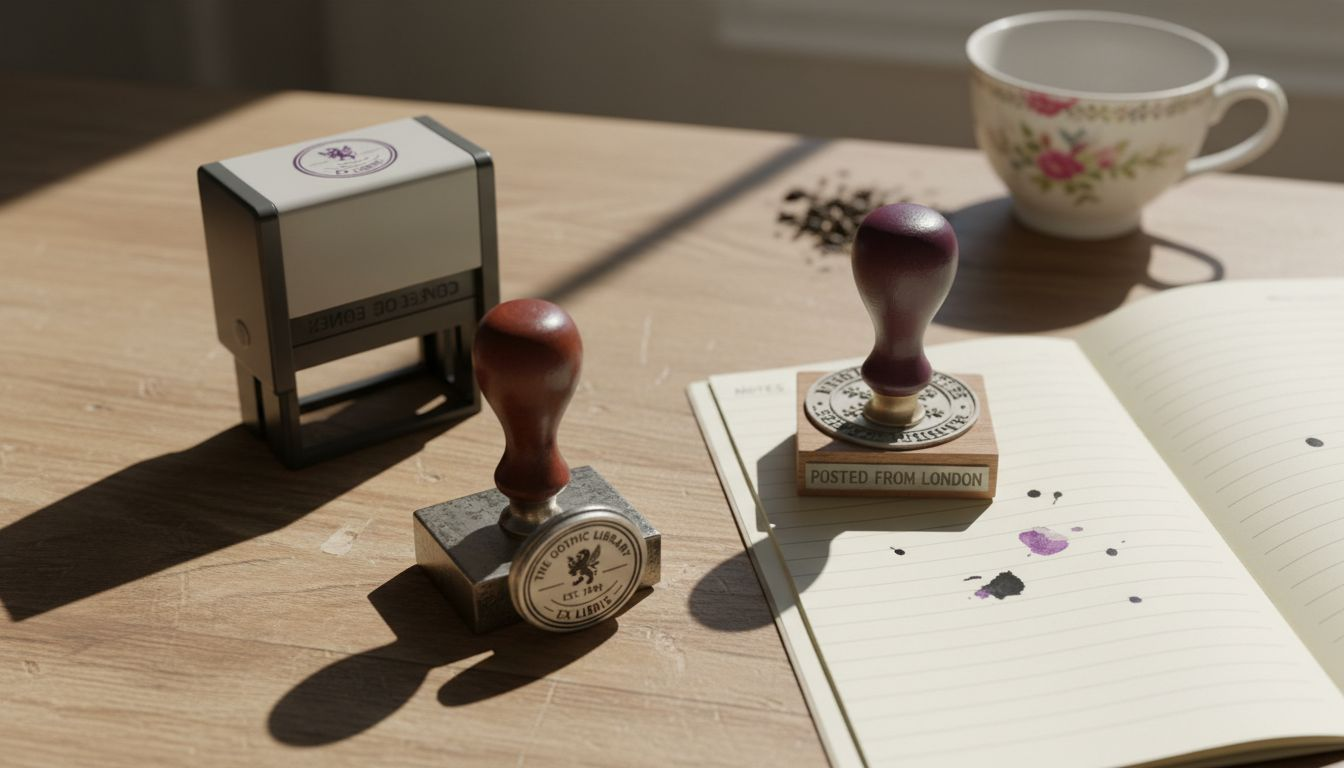 Three types of personalised stamps on desk