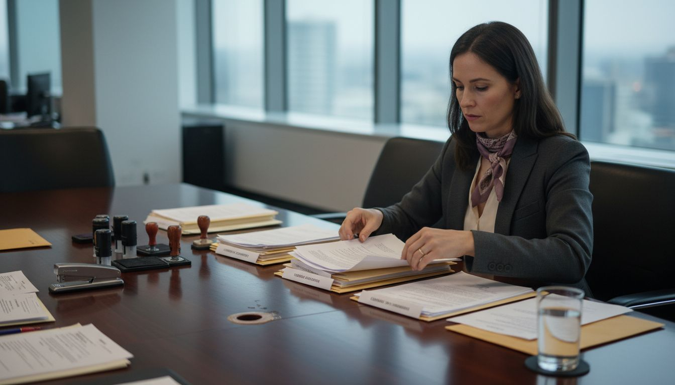 Woman using business stamps on contracts
