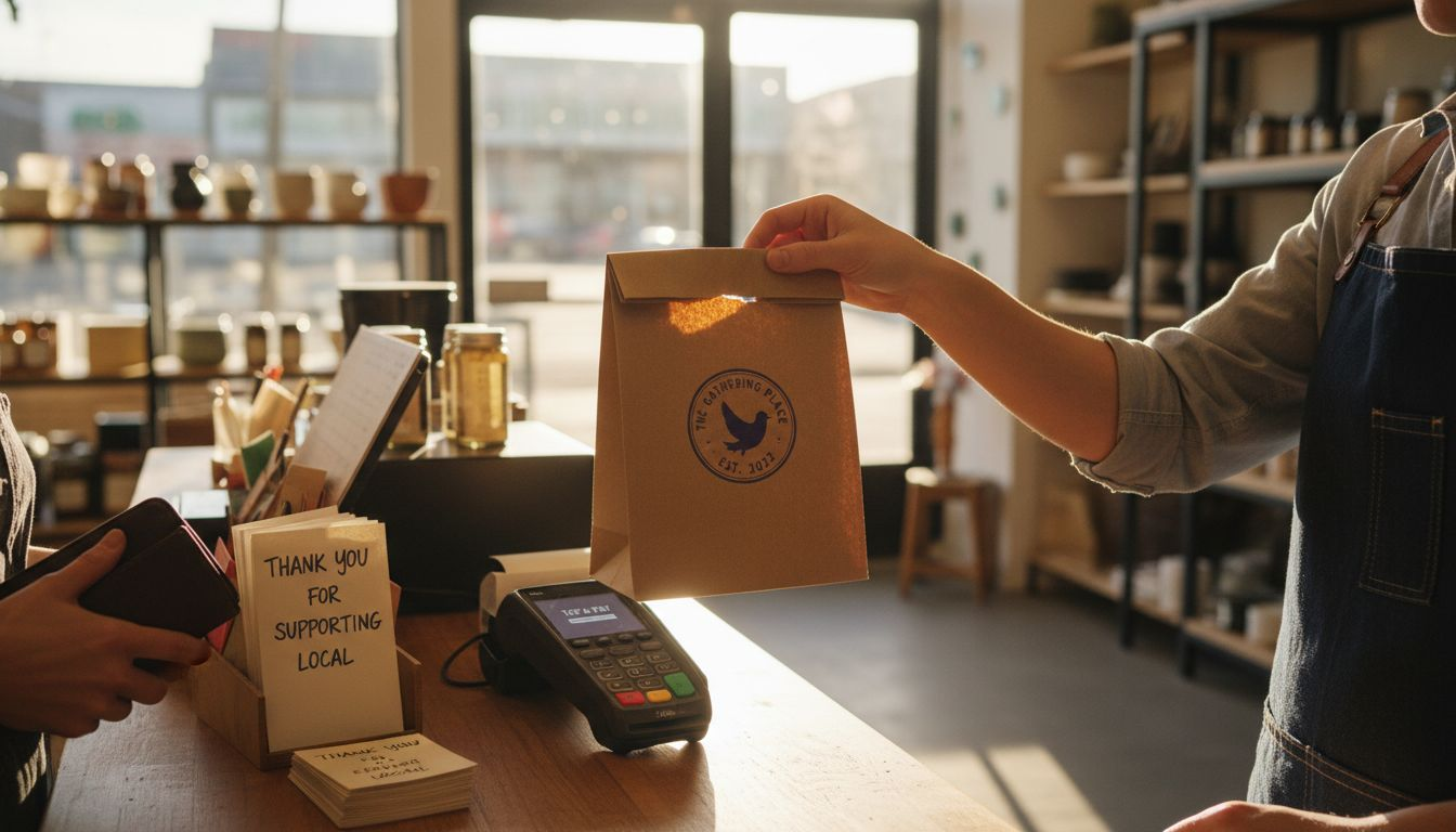 Shop assistant handing branded package to customer