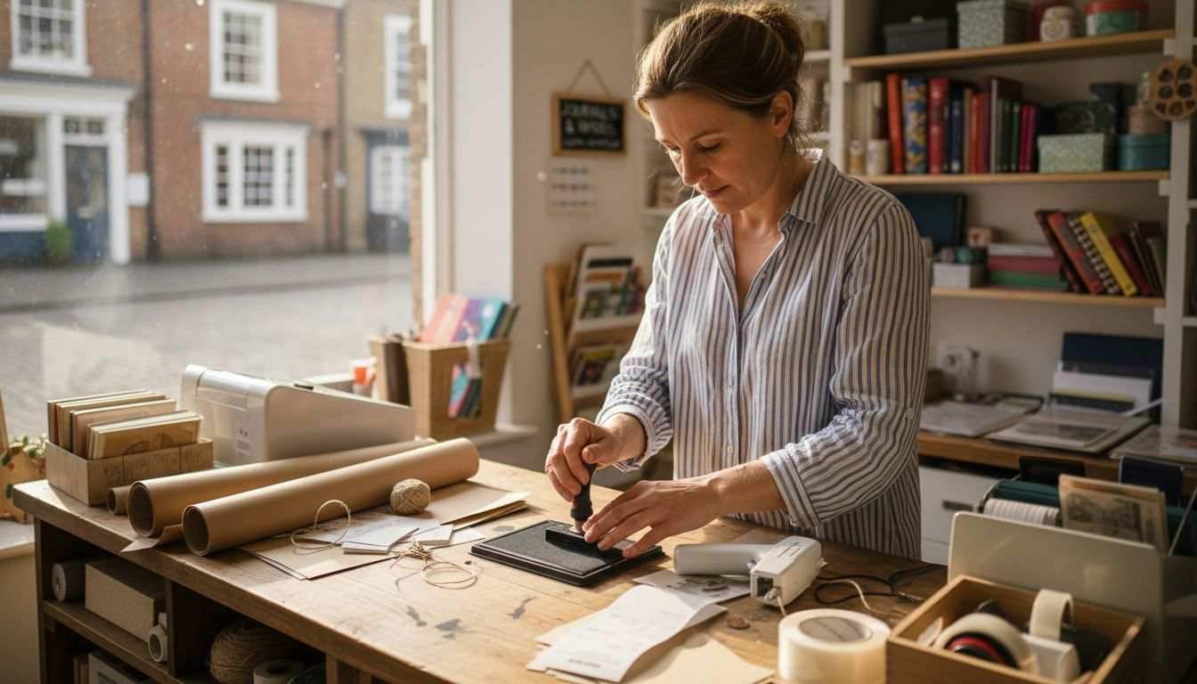 Shop owner uses date stamp at counter