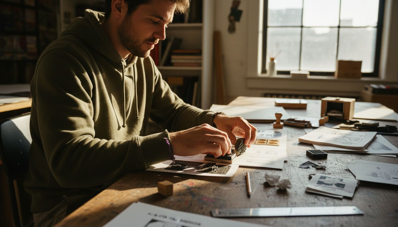 Artist sorting stamp artwork samples