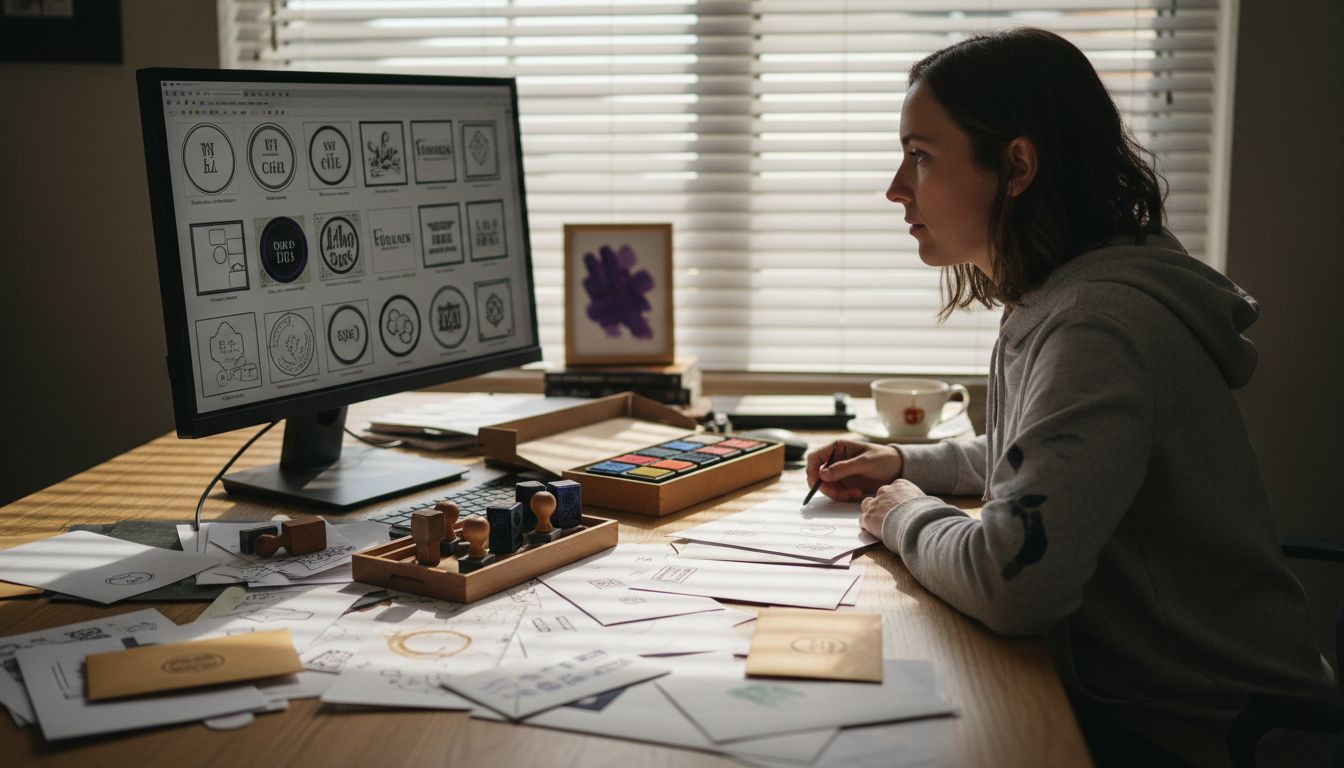 Designer refines stamp layout at desk