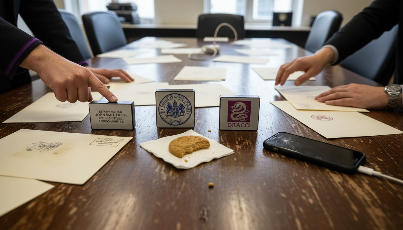 Variety of pre-inked stamps on a table