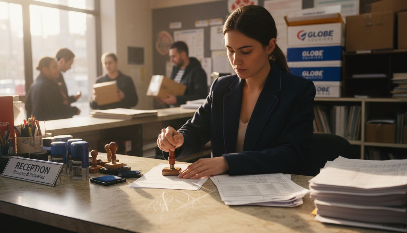 Receptionist using stamp on business documents