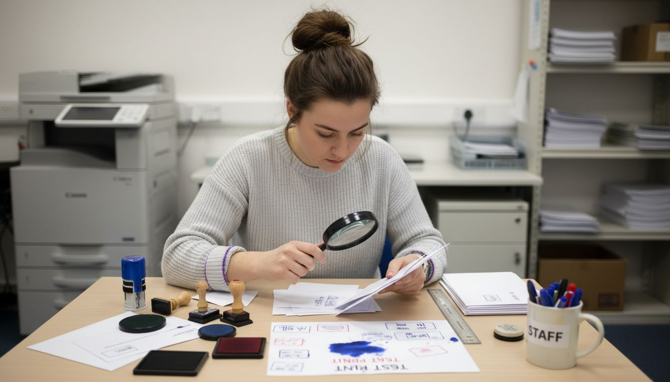 Administrator comparing address stamp samples