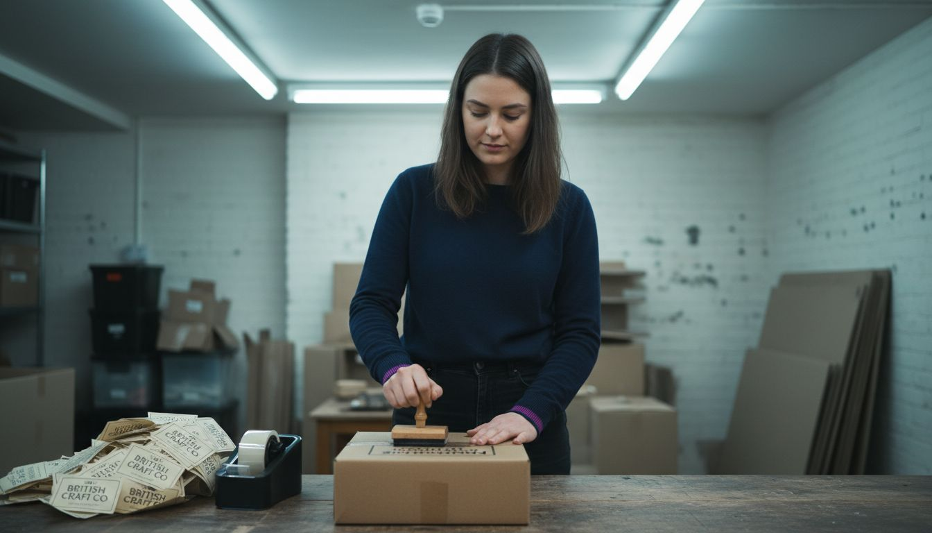 Office worker stamping branded parcels