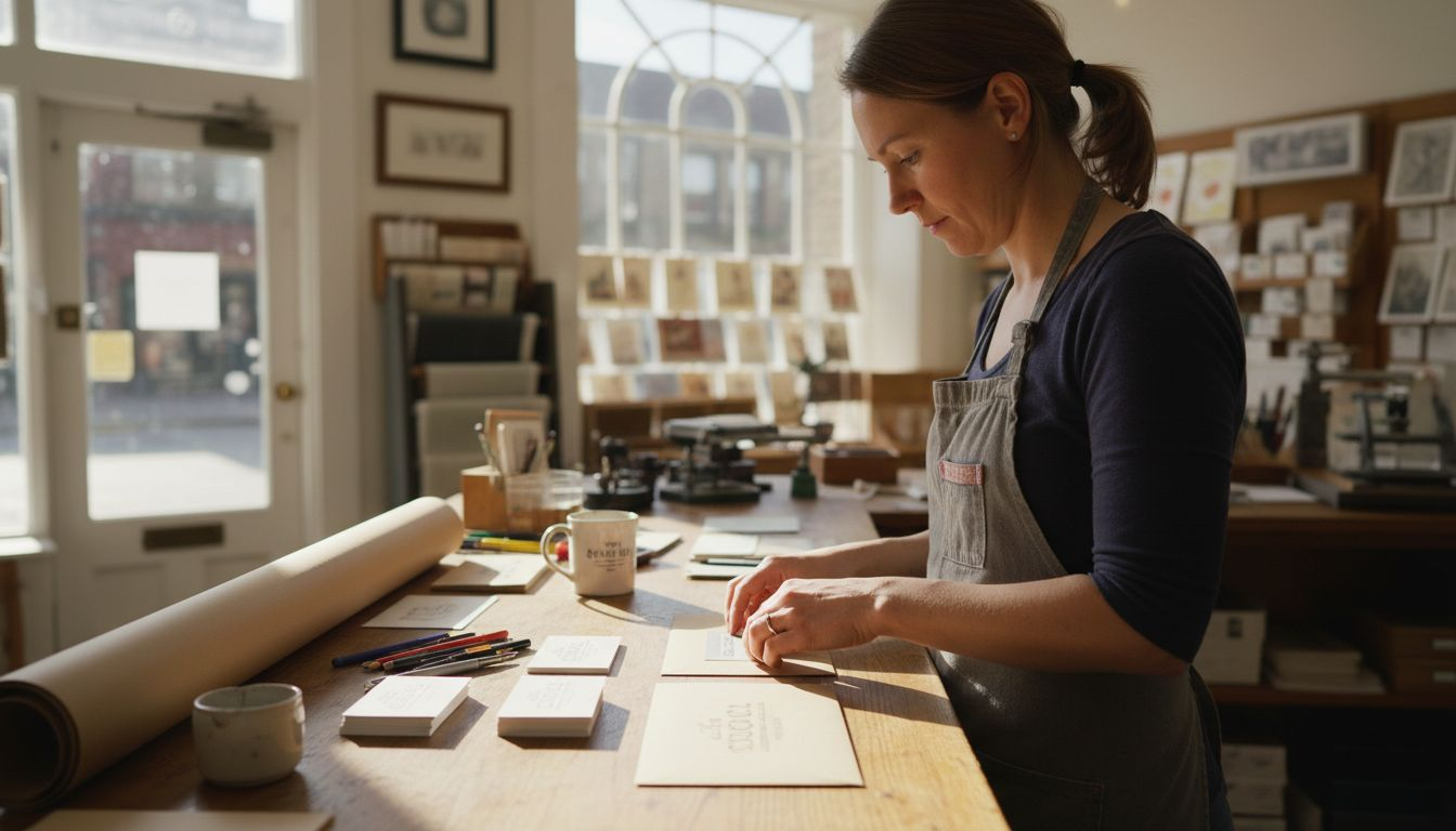 Owner preparing branded cards and envelopes