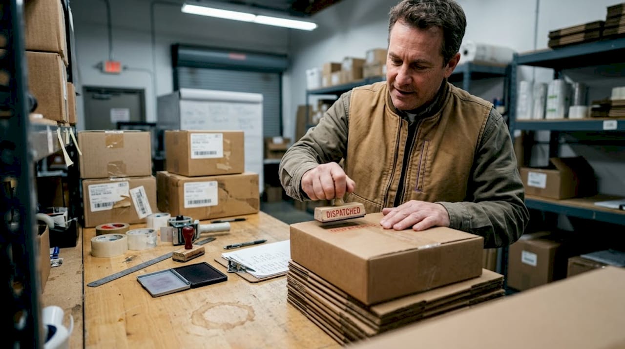 Employee using rubber stamp for shipping