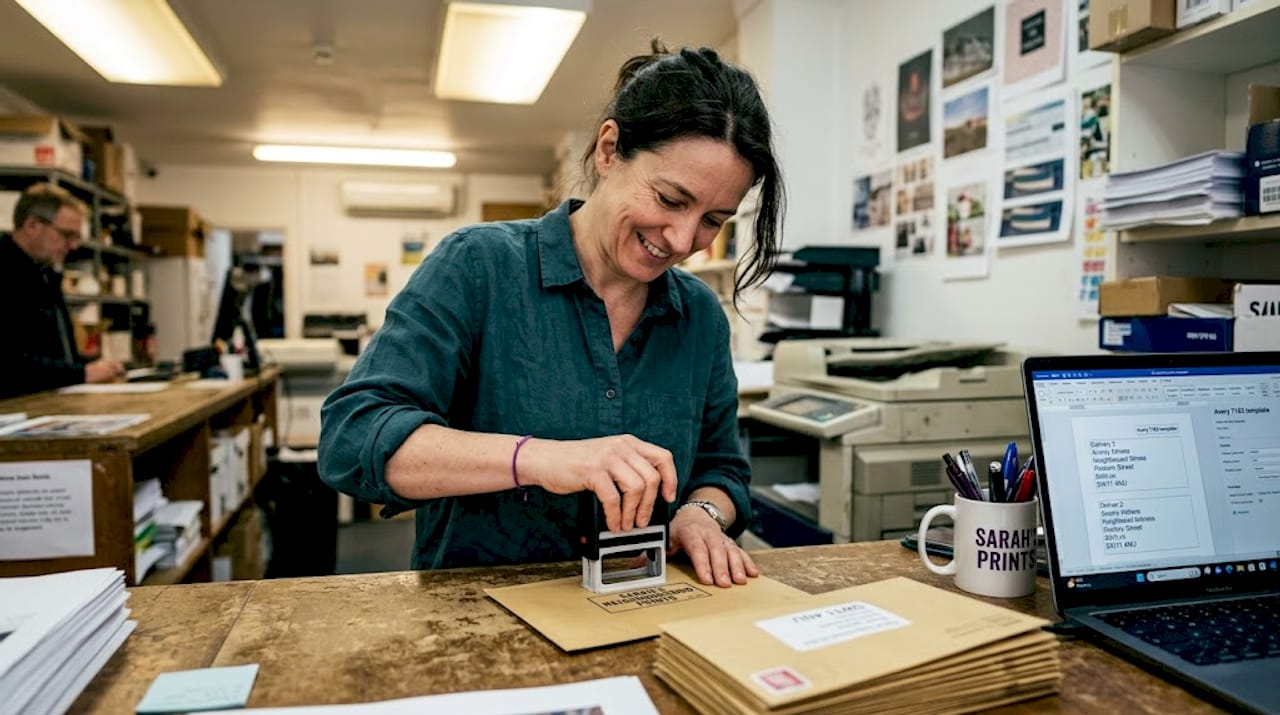 Shop owner stamping branded envelopes