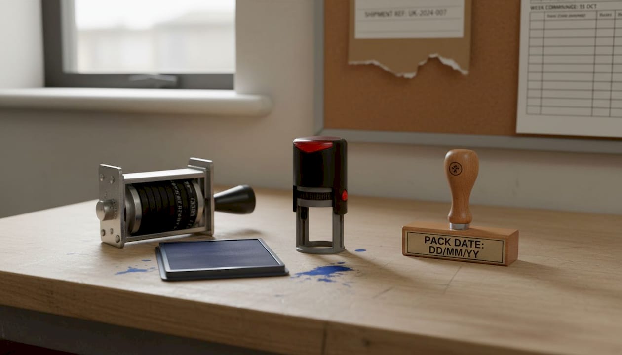 Different types of date marking stamps displayed