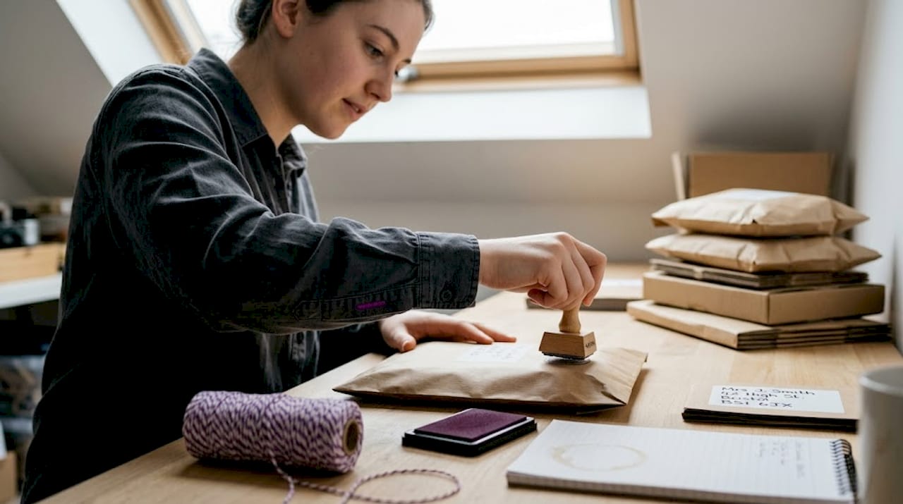 Staff applying custom logo stamp to parcel