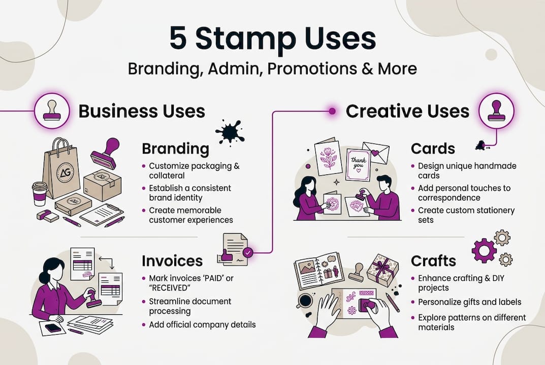 Infographic showing five stamp uses and categories