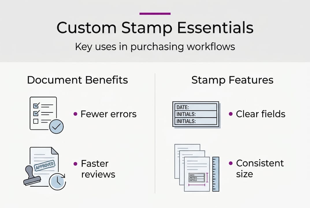 Infographic showing custom stamp essentials for purchasing