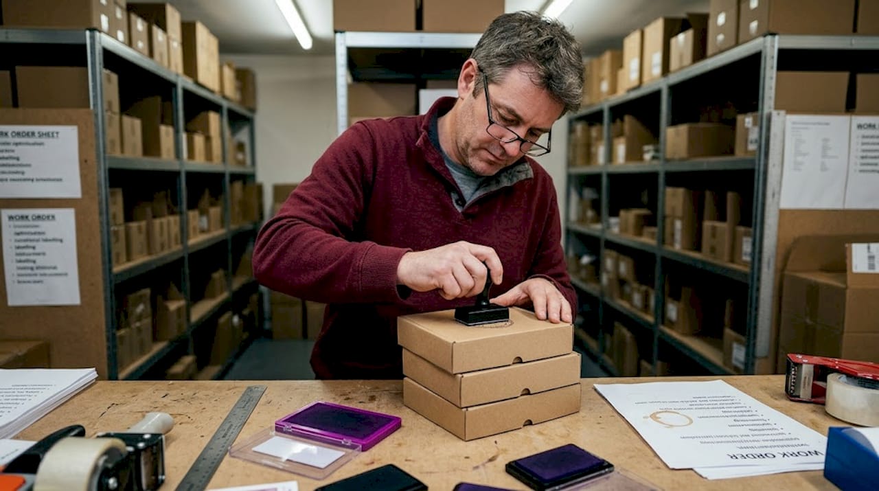 Stamping logo onto product boxes workspace