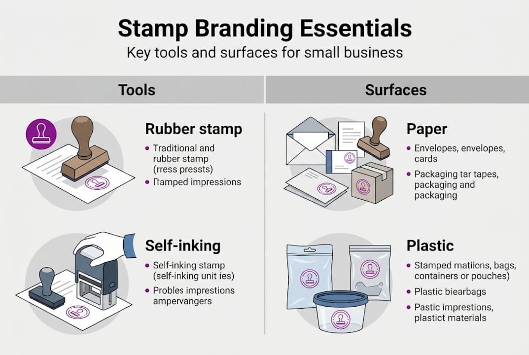 Infographic of stamp branding tools and surfaces