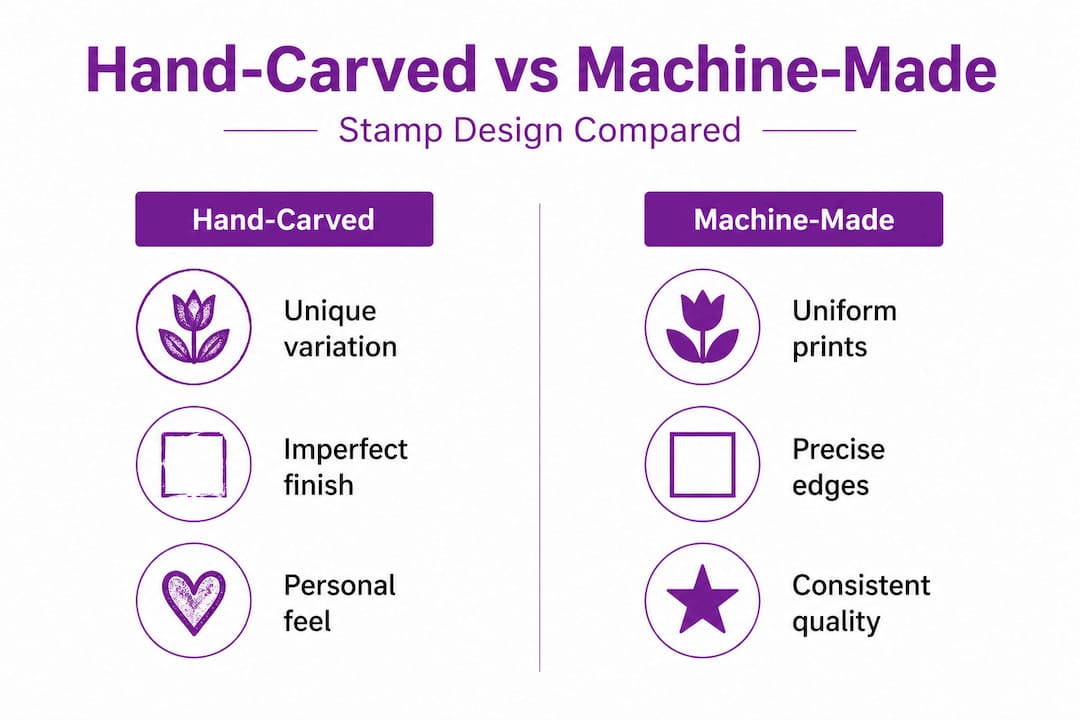 Infographic comparing hand-carved and machine-made stamps