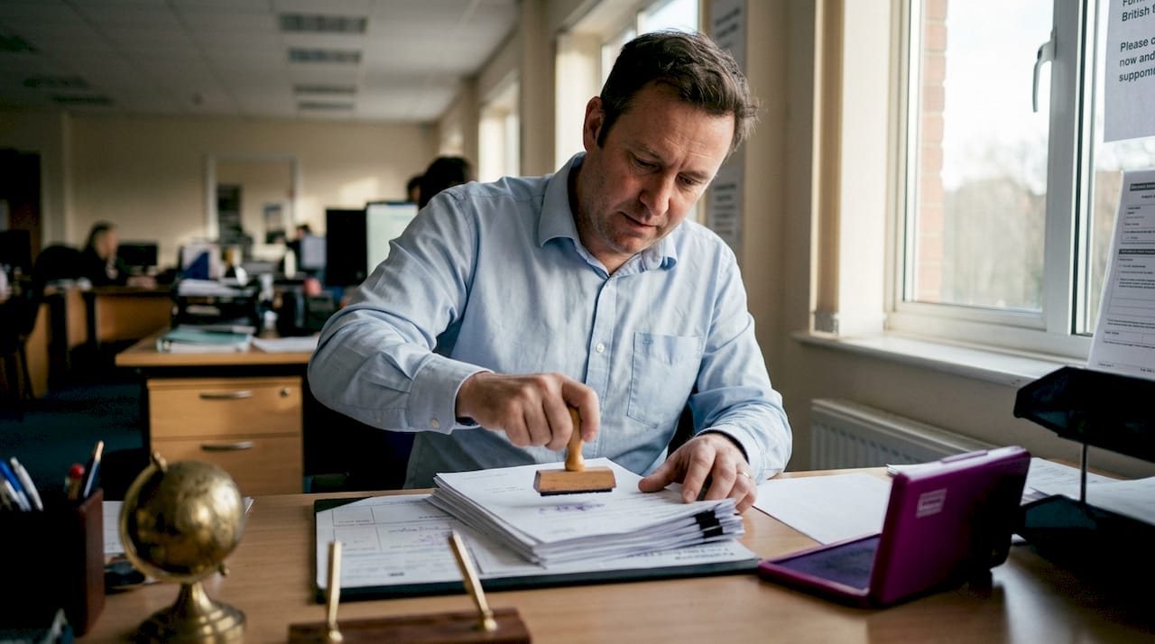 Man stamping documents with rubber stamp