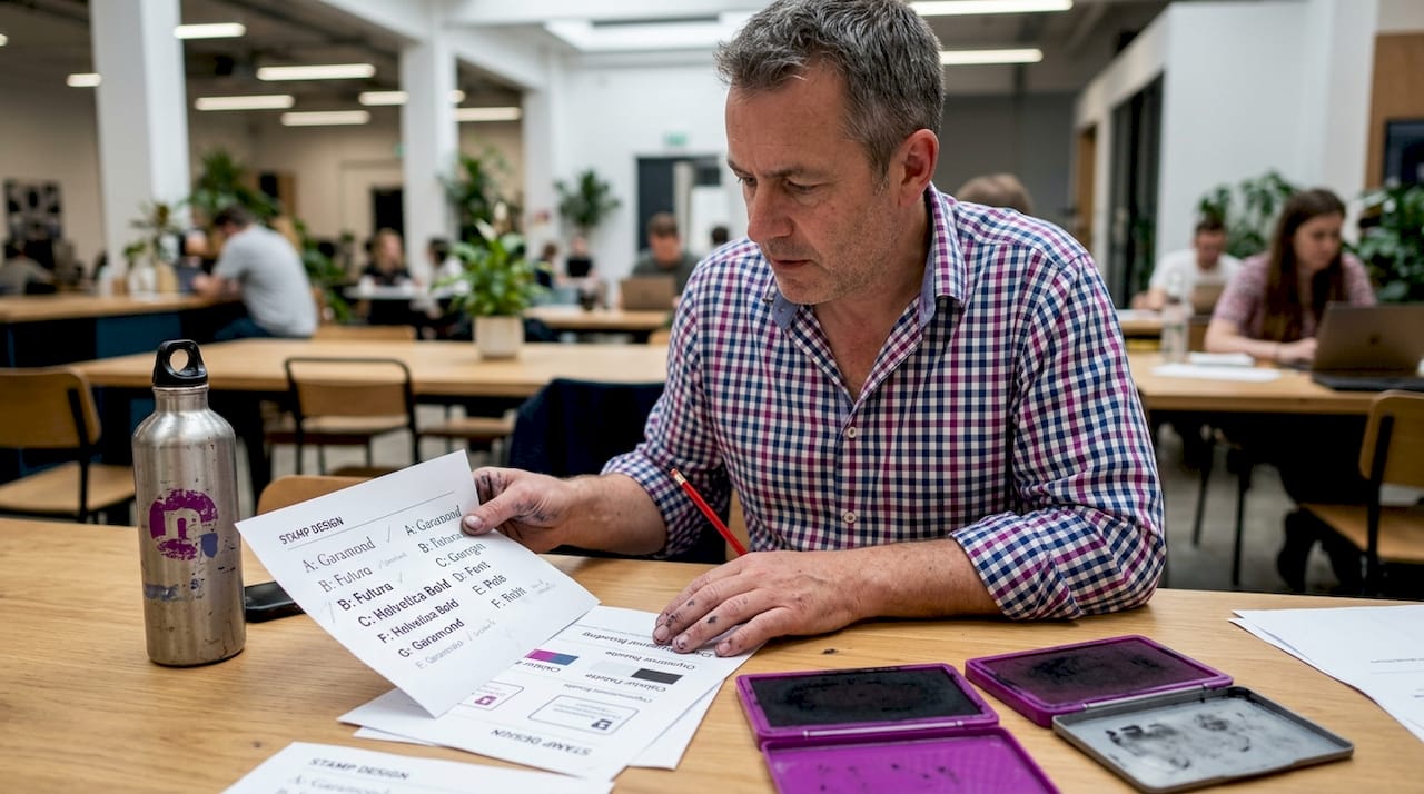 Designer compares stamp font printouts