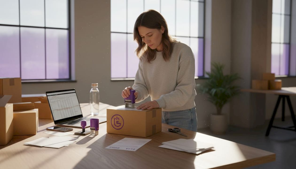 Businesswoman stamping invoices at coworking table