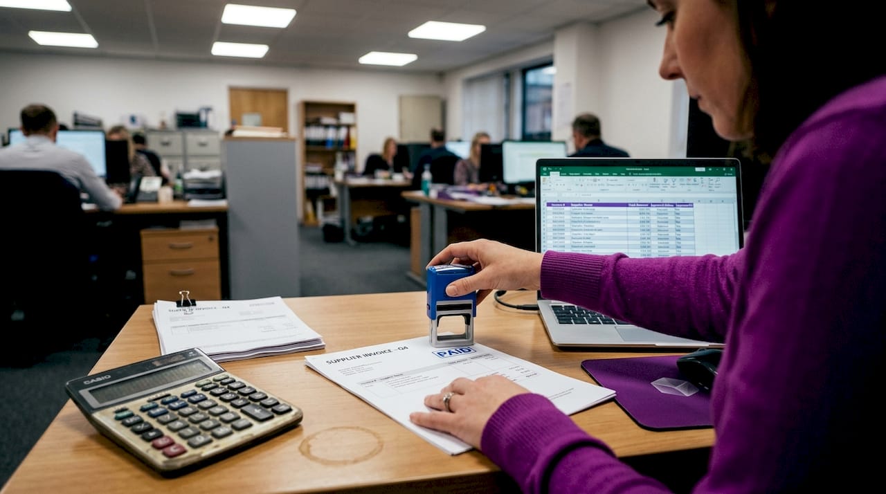 Stamping invoices with blue ink in office