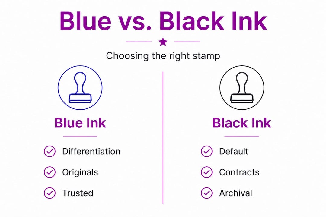 Infographic comparing blue versus black ink stamp uses