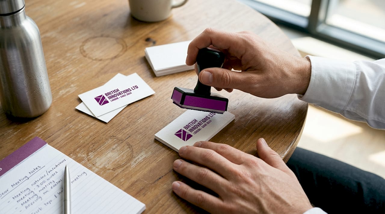 Hands stamping logo with pre-inked stamp