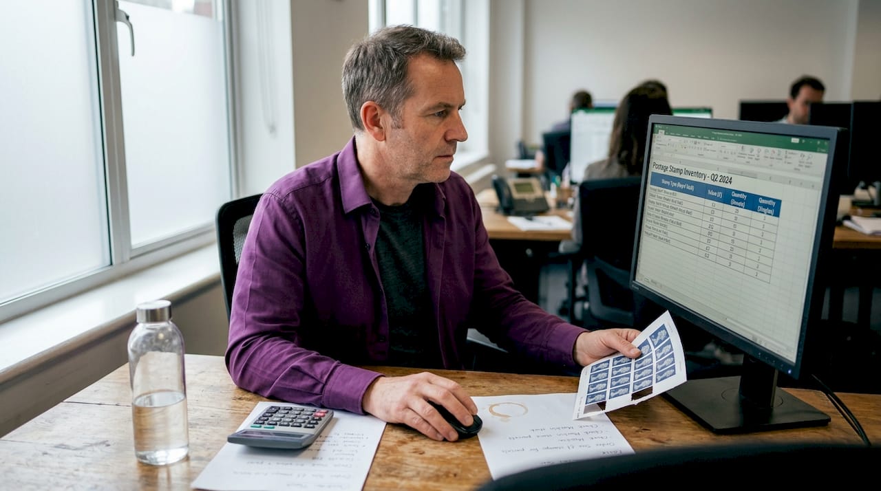 Man updating stamp inventory at desk