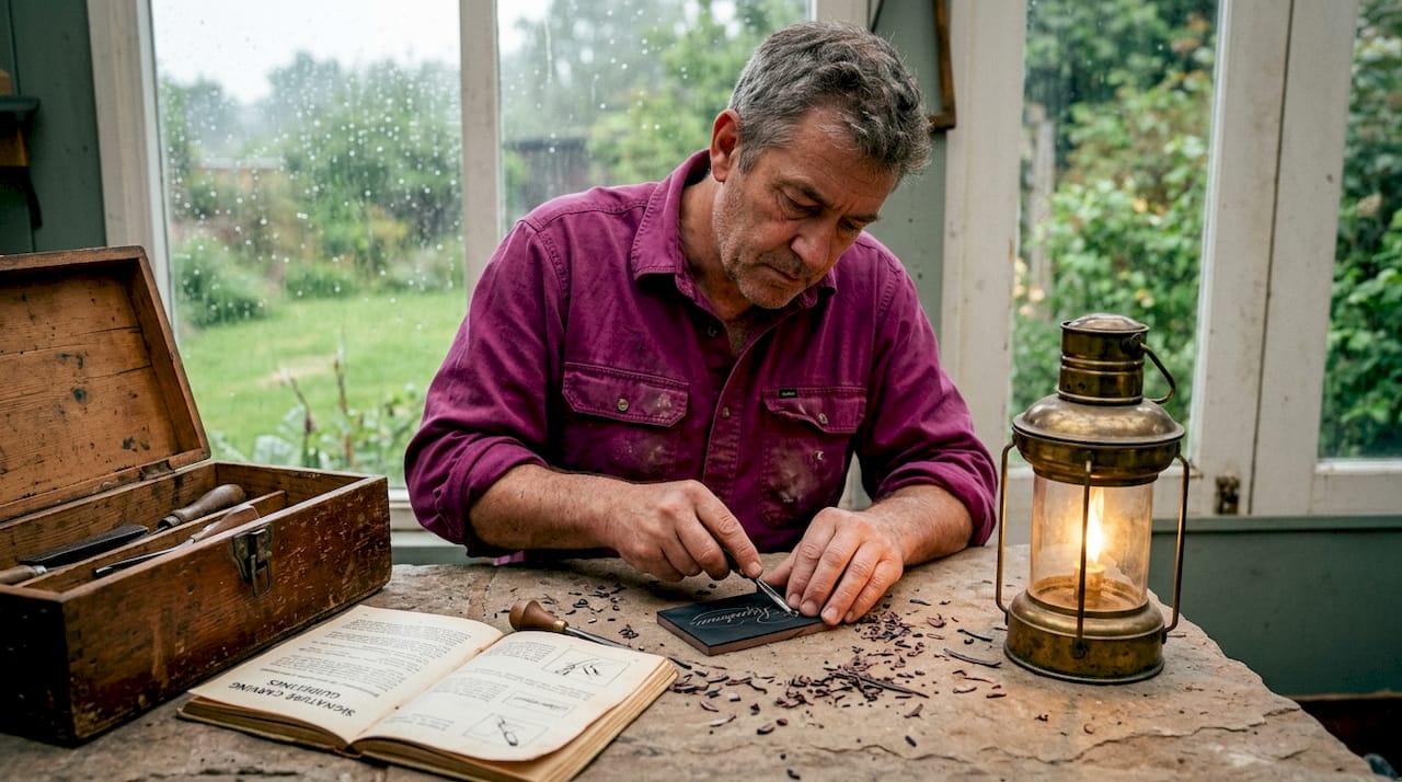 Man carving signature into rubber stamp block