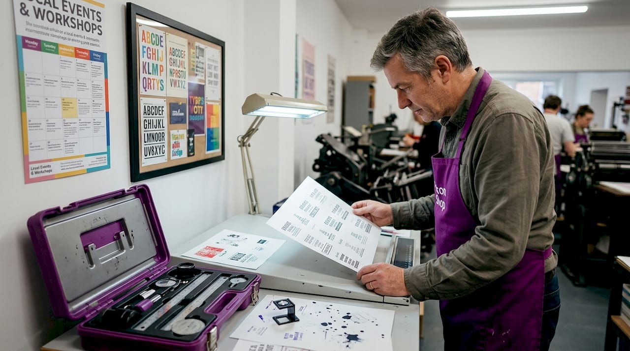 Technician checking alignment on stamp proofs