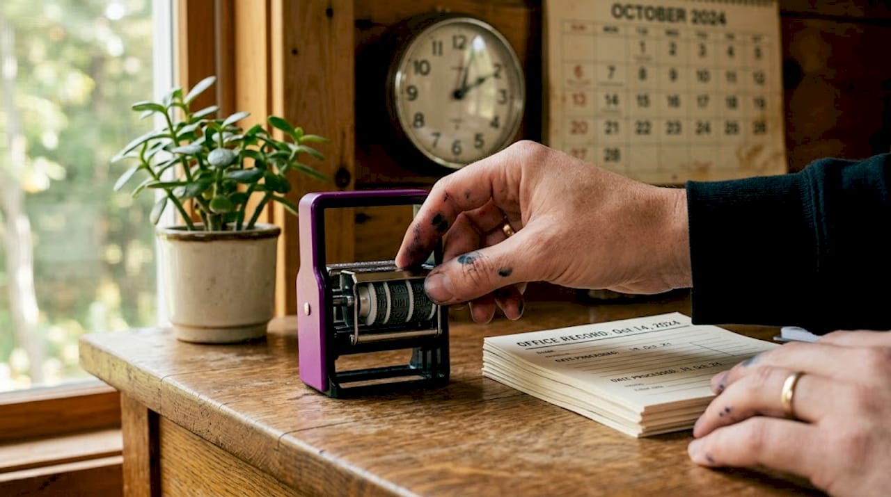 Self-inking dater stamp in use close-up