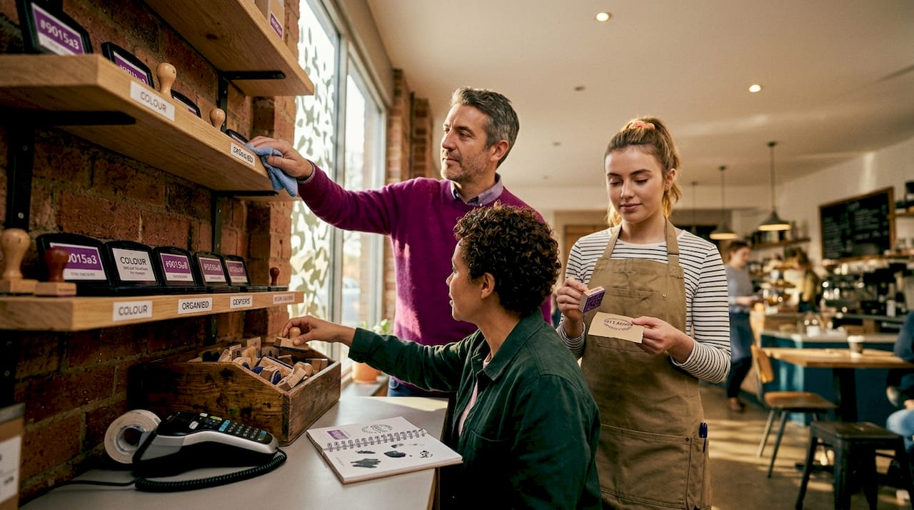 Team organizing stamp and ink supplies
