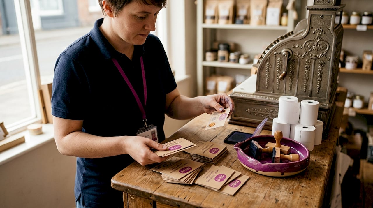 Retail staff reviewing branded loyalty card stamps