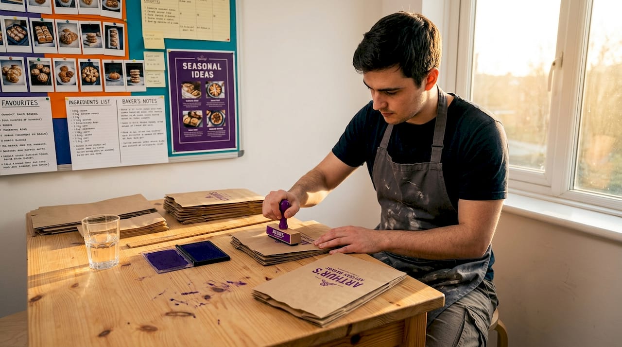 Bakery owner stamping logo on paper bags