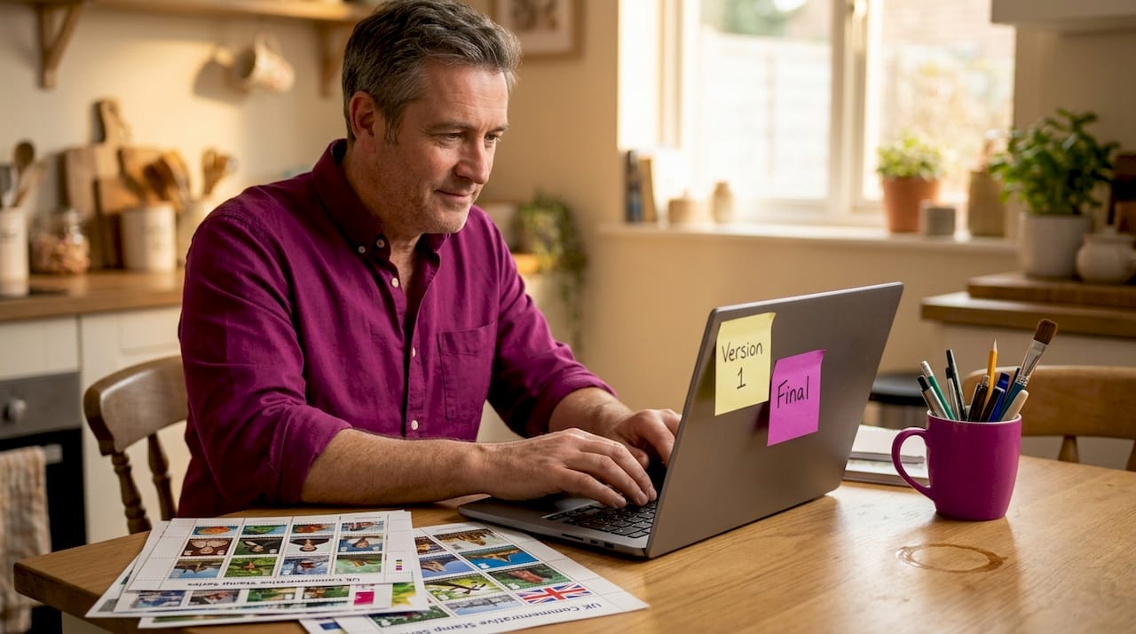Man organizing stamp design files on laptop